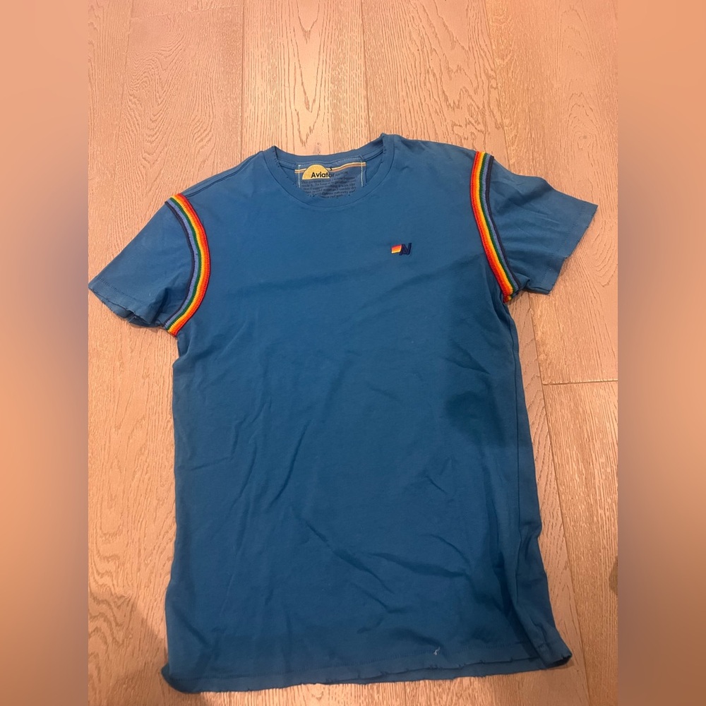 Aviator Nation Blue T-Shirt with Rainbow Stripes